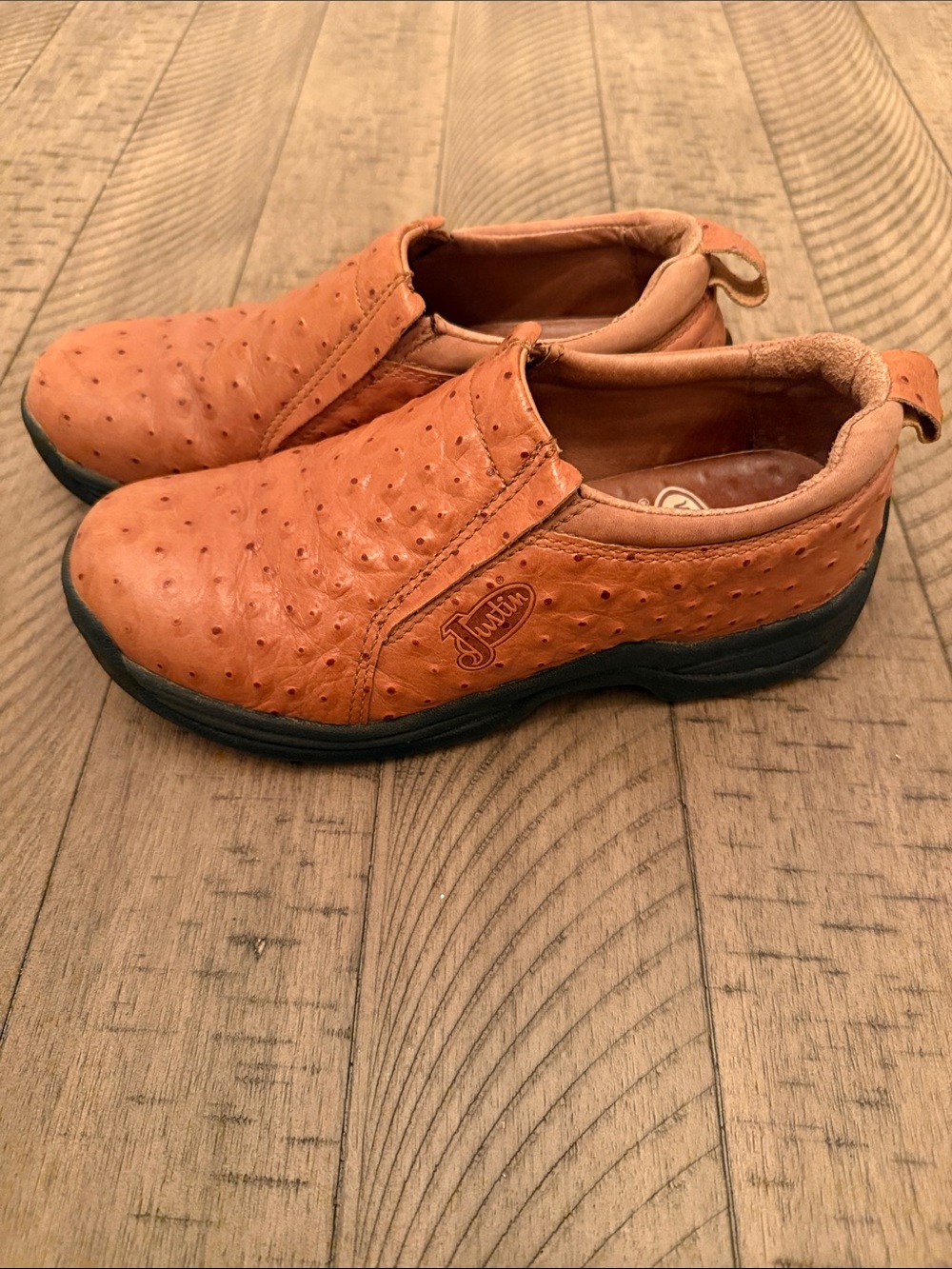 Justin Boots Orange Ostrich-Embossed Slip-On Shoes
